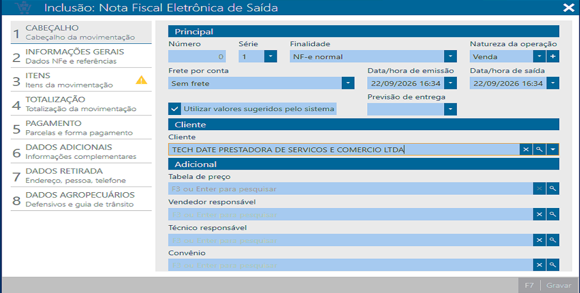 Tela de inclusão de NF-e de saída no DigiSat