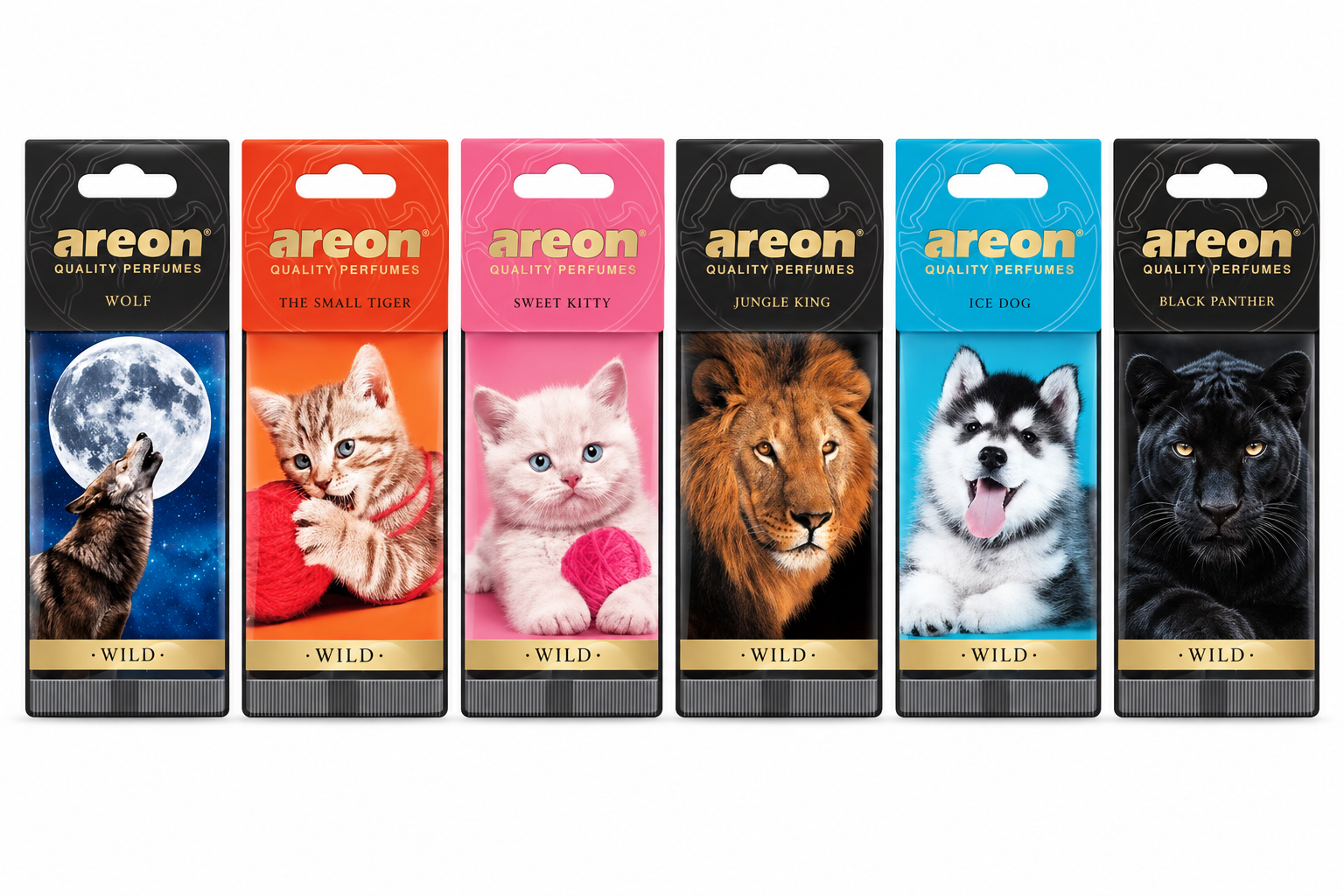 Linha Areon Wild completa: Wolf, Small Tiger, Sweet Kitty, Jungle King, Ice Dog e Black Panther