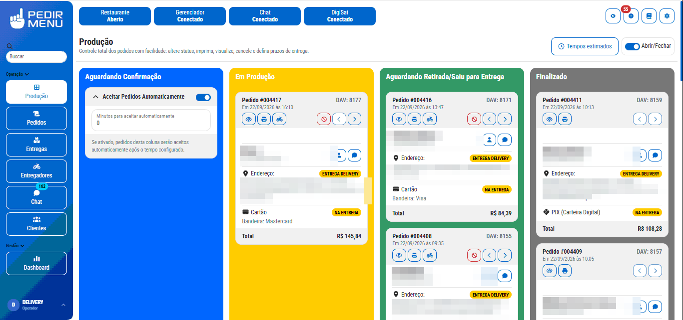 Painel de produção do Pedir Menu com pedidos por etapa